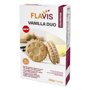 FLAVIS VANILLA DUO - Biscuiti cu continut proteic scazut, umpluti cu crema de vanilie. Cu indulcitor. 220g