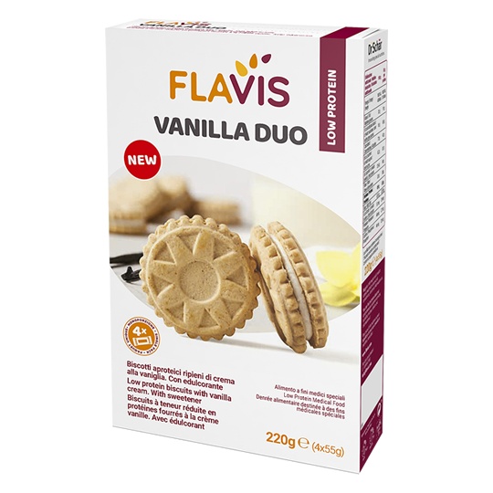 FLAVIS VANILLA DUO - Biscuiti cu continut proteic scazut, umpluti cu crema de vanilie. Cu indulcitor. 220g